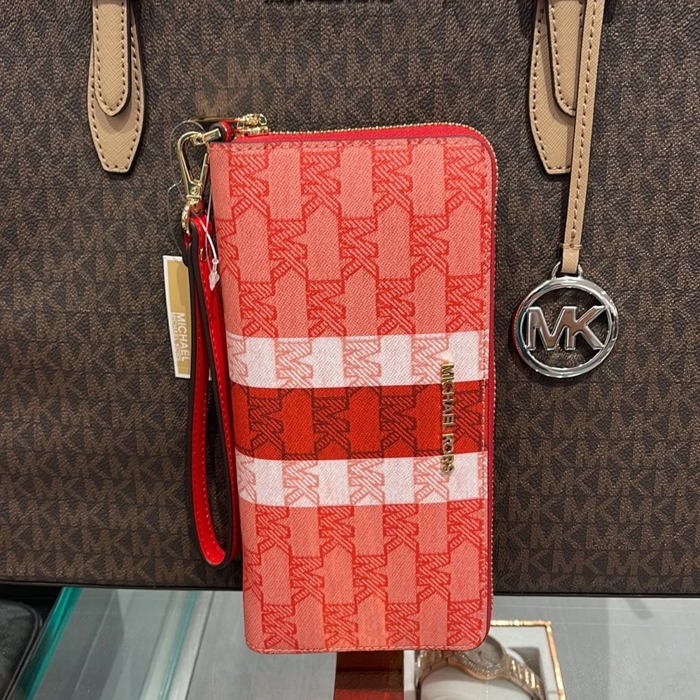 MICHAEL KORS Leather Continental Phone Holder Wristlet Wallet Dark Sungria NWT